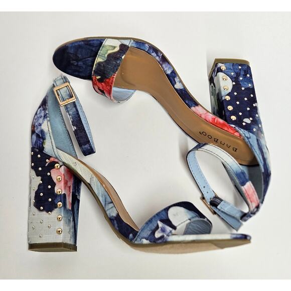 Blue Floral Bamboo Influencer Wrapped Block‎ Heel Ankle Strap Sandal Size 8 - Picture 6 of 9